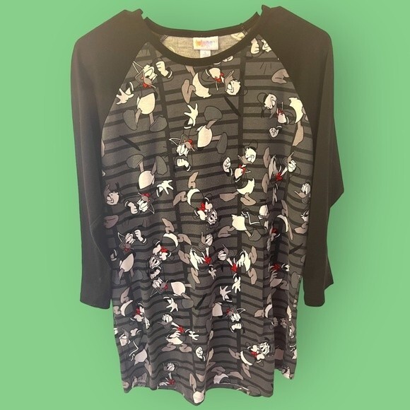 LuLaRoe Woman’s Disney Donald Duck Black Gray White 3/4 Sleeve Top Large Cute - Picture 2 of 10